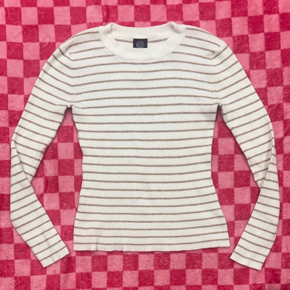 Bobeau Cream & Tan Striped Ribbed Sweater